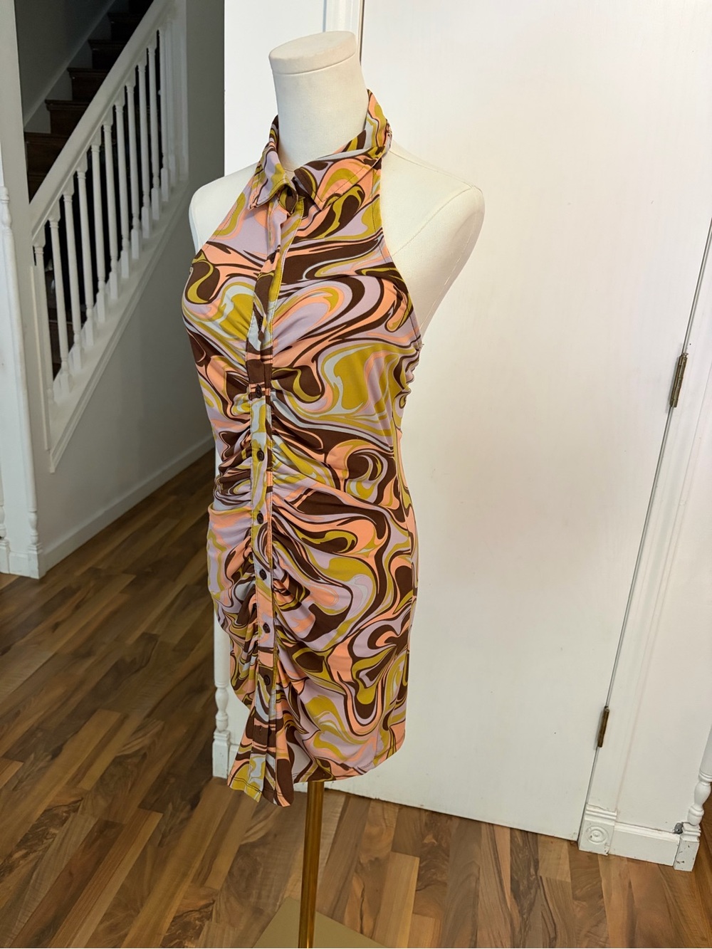 Y2K abstract geo, Coral, Brown and Yellow Swirl Button Down Collares Dress, Med
